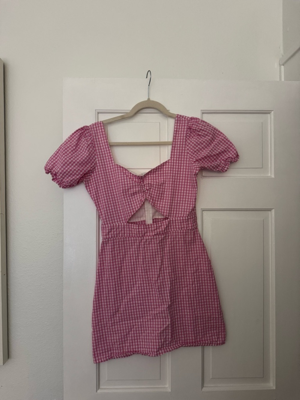 Pink Gingham Puff Sleeve Cutout Mini Dress
